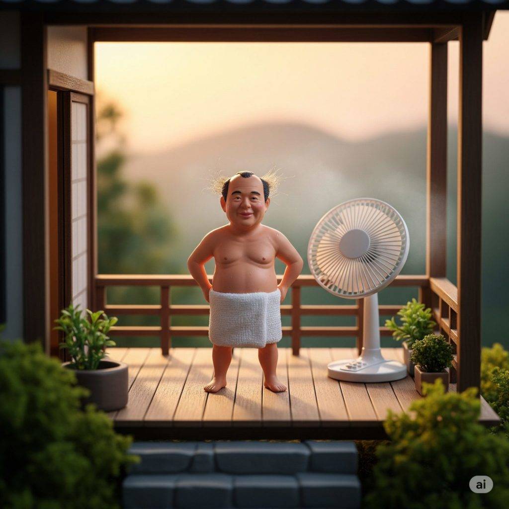 扇風機の前で仁王立ちのおじさん