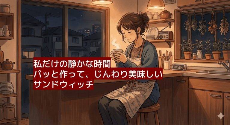 夜台所でお茶を飲んで一息つく女性