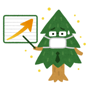 マスクをつけて花粉量の上昇を教える擬人化した木